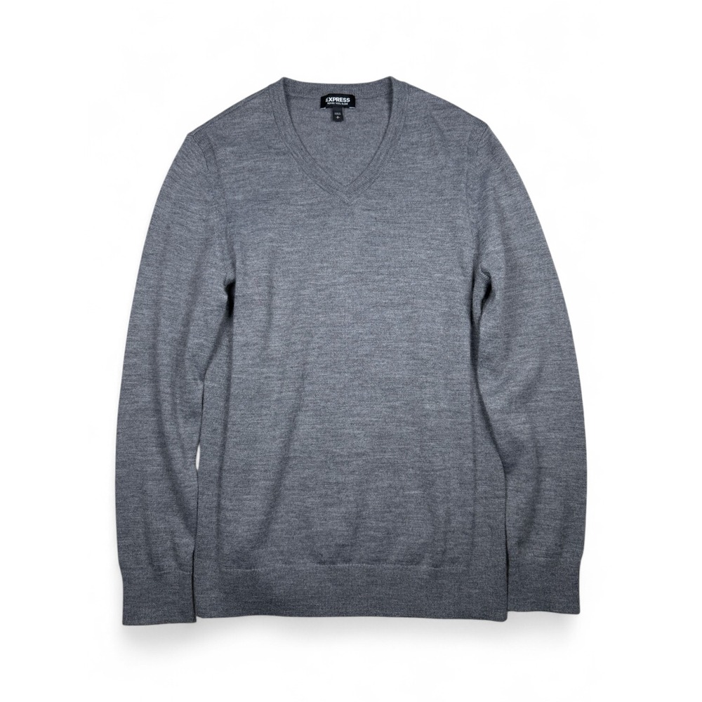 Express Mens Merino Wool Blend V-Neck Sweater Heather Grey Size Small S